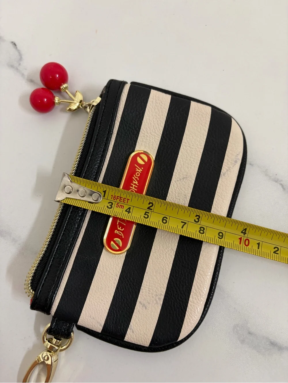 Betsey Johnson Black & Cream Striped Card Holder with Cherry Charm